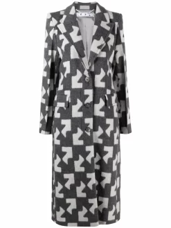 Women Off-White Geometric Pattern Overcoat
