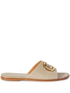 Women Off-White Logo-plaque Linen Slides