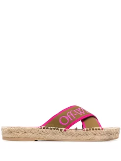 Women Off-White Logo-strap Raffia Sole Sandals